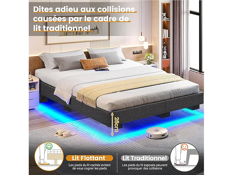 Lit Adulte 180 x 200 cm INRE - Lit Double avec Lumières LED en bas - Sommier à Lattes - Lit pour 2 Personnes - Gris