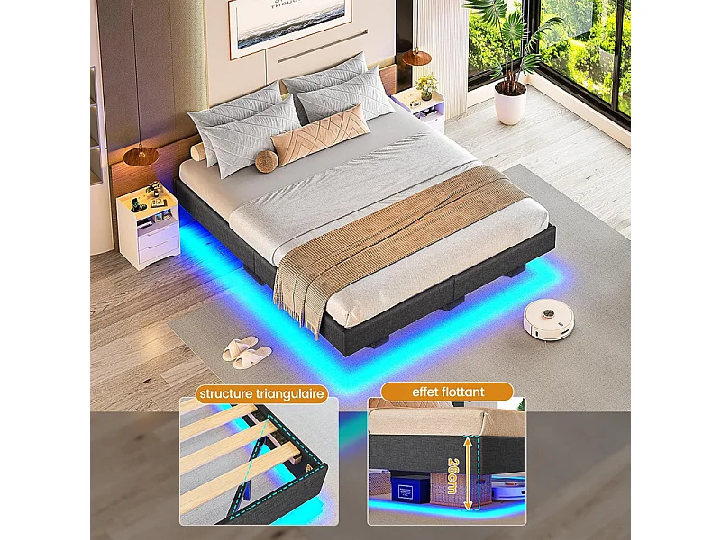 Lit Adulte 180 x 200 cm INRE - Lit Double avec Lumières LED en bas - Sommier à Lattes - Lit pour 2 Personnes - Gris