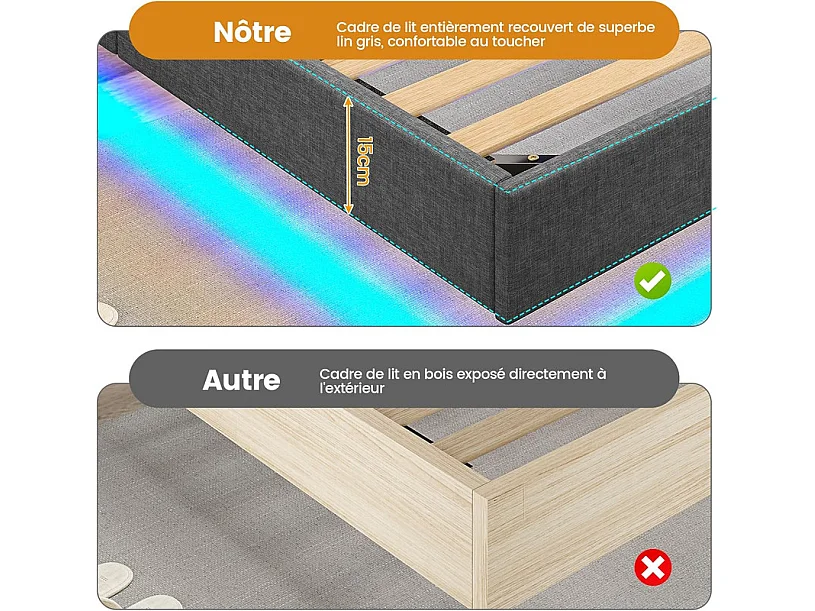 Lit Adulte 180 x 200 cm INRE - Lit Double avec Lumières LED en bas - Sommier à Lattes - Lit pour 2 Personnes - Gris