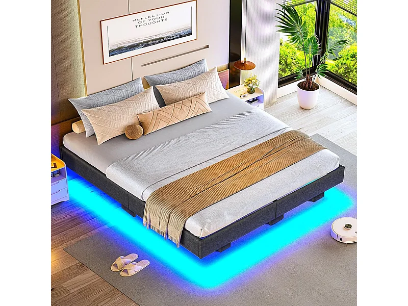 Lit Adulte 180 x 200 cm INRE - Lit Double avec Lumières LED en bas - Sommier à Lattes - Lit pour 2 Personnes - Gris