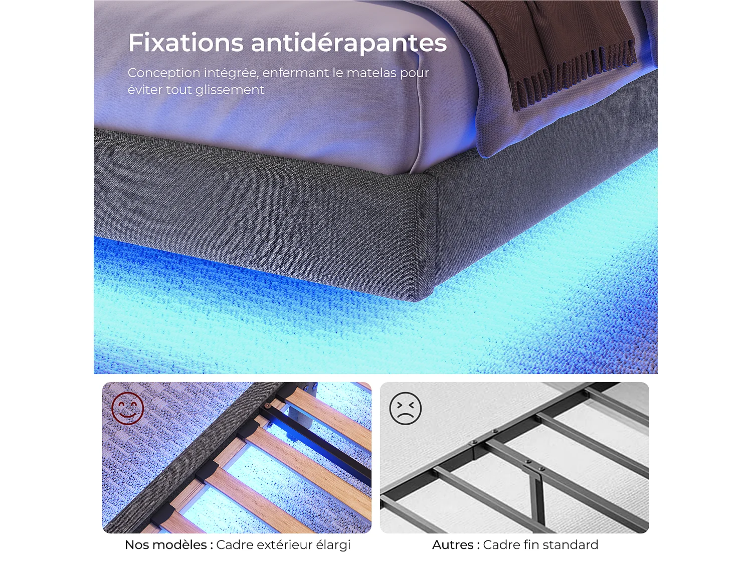 Lit Adulte 180 x 200 cm INRE - Lit Double avec Lumières LED en bas - Sommier à Lattes - Lit pour 2 Personnes - Gris