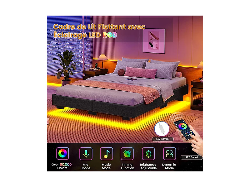 Lit Adulte 140 x 200 cm INRE - Lit Double avec Lumières LED en bas - Sommier à Lattes - Lit pour 2 Personnes - Gris
