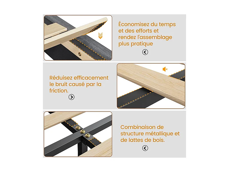 Lit Adulte 140 x 200 cm INRE - Lit Double avec Lumières LED en bas - Sommier à Lattes - Lit pour 2 Personnes - Gris