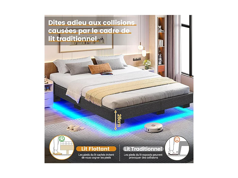 Lit Adulte 140 x 200 cm INRE - Lit Double avec Lumières LED en bas - Sommier à Lattes - Lit pour 2 Personnes - Gris