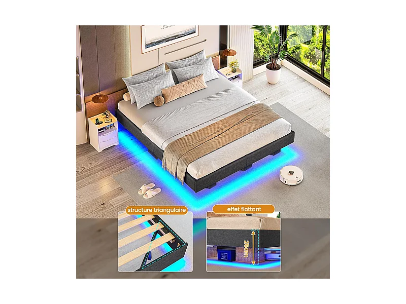 Lit Adulte 140 x 200 cm INRE - Lit Double avec Lumières LED en bas - Sommier à Lattes - Lit pour 2 Personnes - Gris