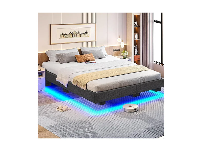 Lit Adulte 140 x 200 cm INRE - Lit Double avec Lumières LED en bas - Sommier à Lattes - Lit pour 2 Personnes - Gris