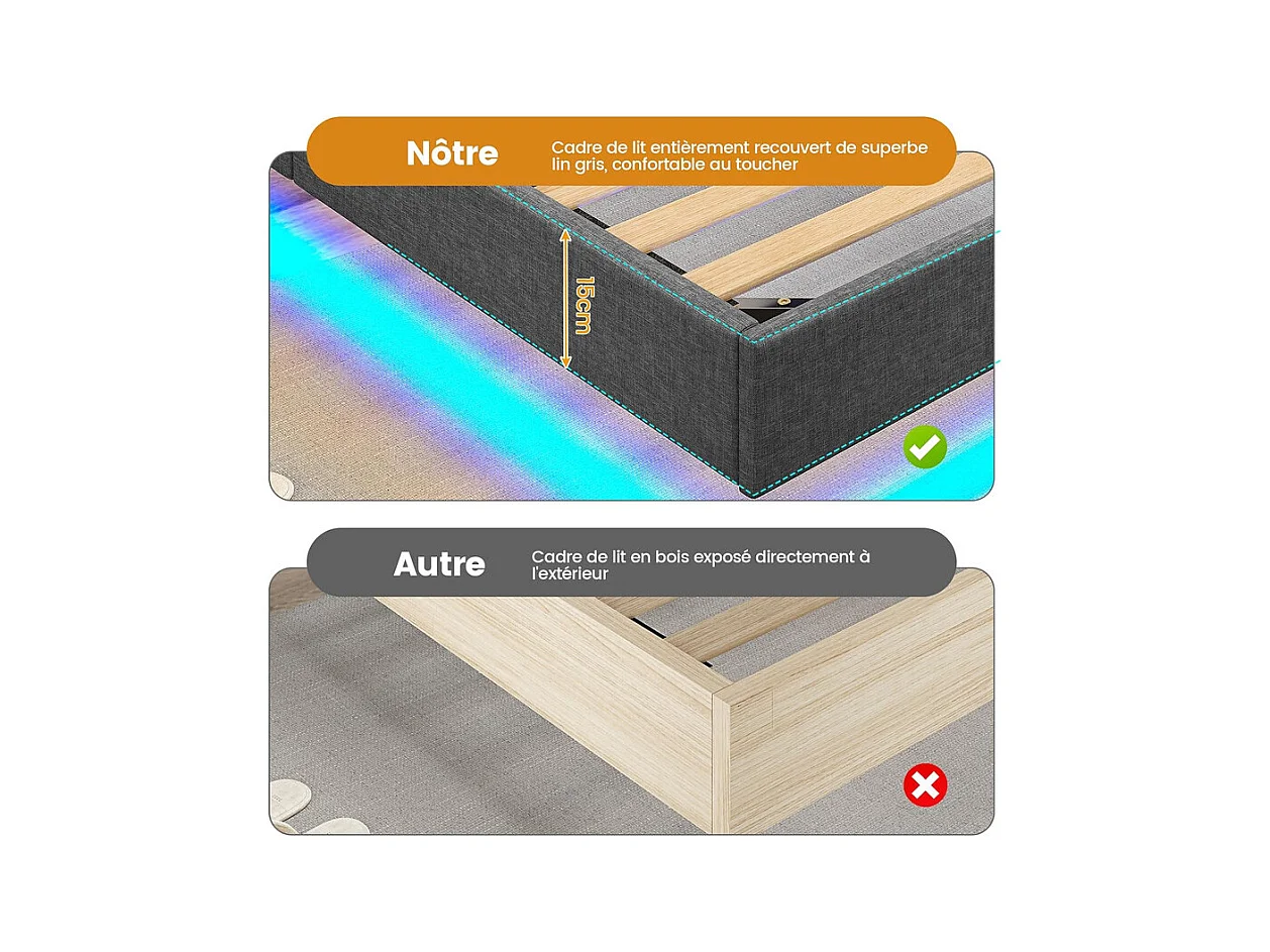 Lit Adulte 140 x 200 cm INRE - Lit Double avec Lumières LED en bas - Sommier à Lattes - Lit pour 2 Personnes - Gris