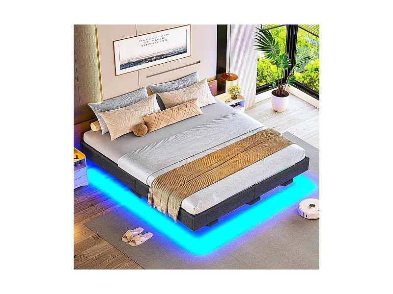 Lit Adulte 140 x 200 cm INRE - Lit Double avec Lumières LED en bas - Sommier à Lattes - Lit pour 2 Personnes - Gris