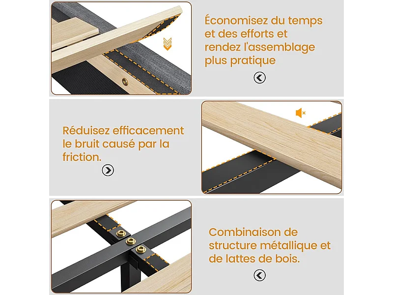 Lit Adulte 140 x 200 cm INRE - Lit Double avec Lumières LED en bas - Sommier à Lattes - Lit pour 2 Personnes - Gris