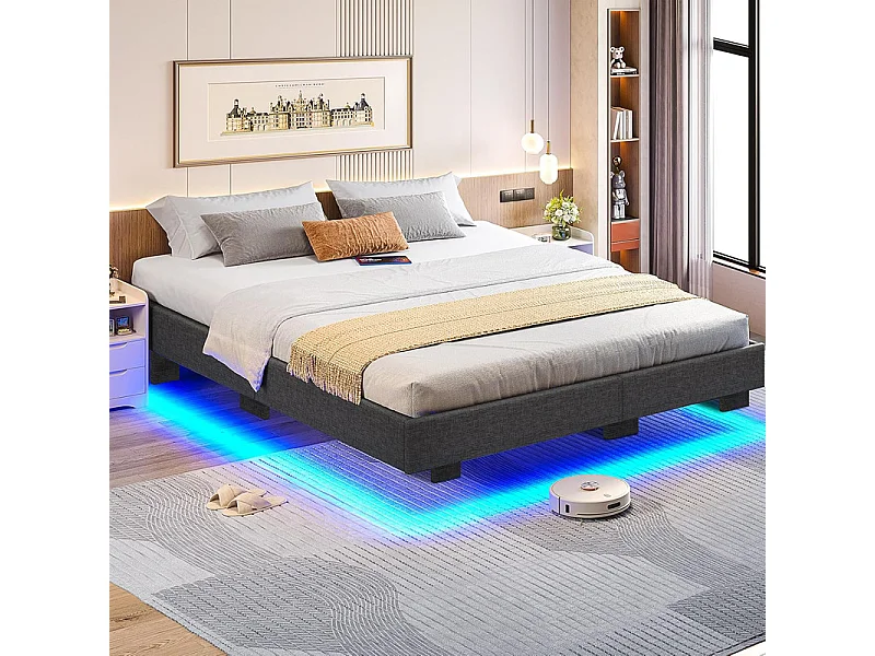 Lit Adulte 140 x 200 cm INRE - Lit Double avec Lumières LED en bas - Sommier à Lattes - Lit pour 2 Personnes - Gris
