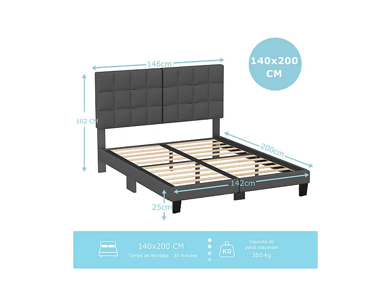 Lit Double 140x200 cm INRE- Structure de Lit avec Sommier à Lattes - Lit Capitonné avec Tête de Lit - Lit Adulte pour 2 Personne - gris foncé
