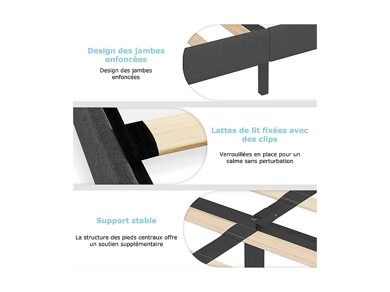 Lit Double 140x200 cm INRE- Structure de Lit avec Sommier à Lattes - Lit Capitonné avec Tête de Lit - Lit Adulte pour 2 Personne - gris foncé