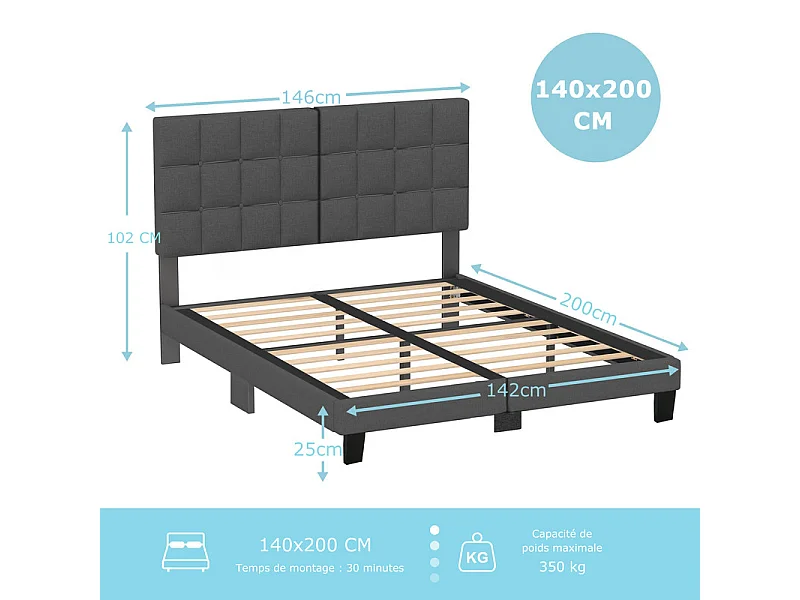 Lit Double 140x200 cm INRE- Structure de Lit avec Sommier à Lattes - Lit Capitonné avec Tête de Lit - Lit Adulte pour 2 Personne - gris foncé