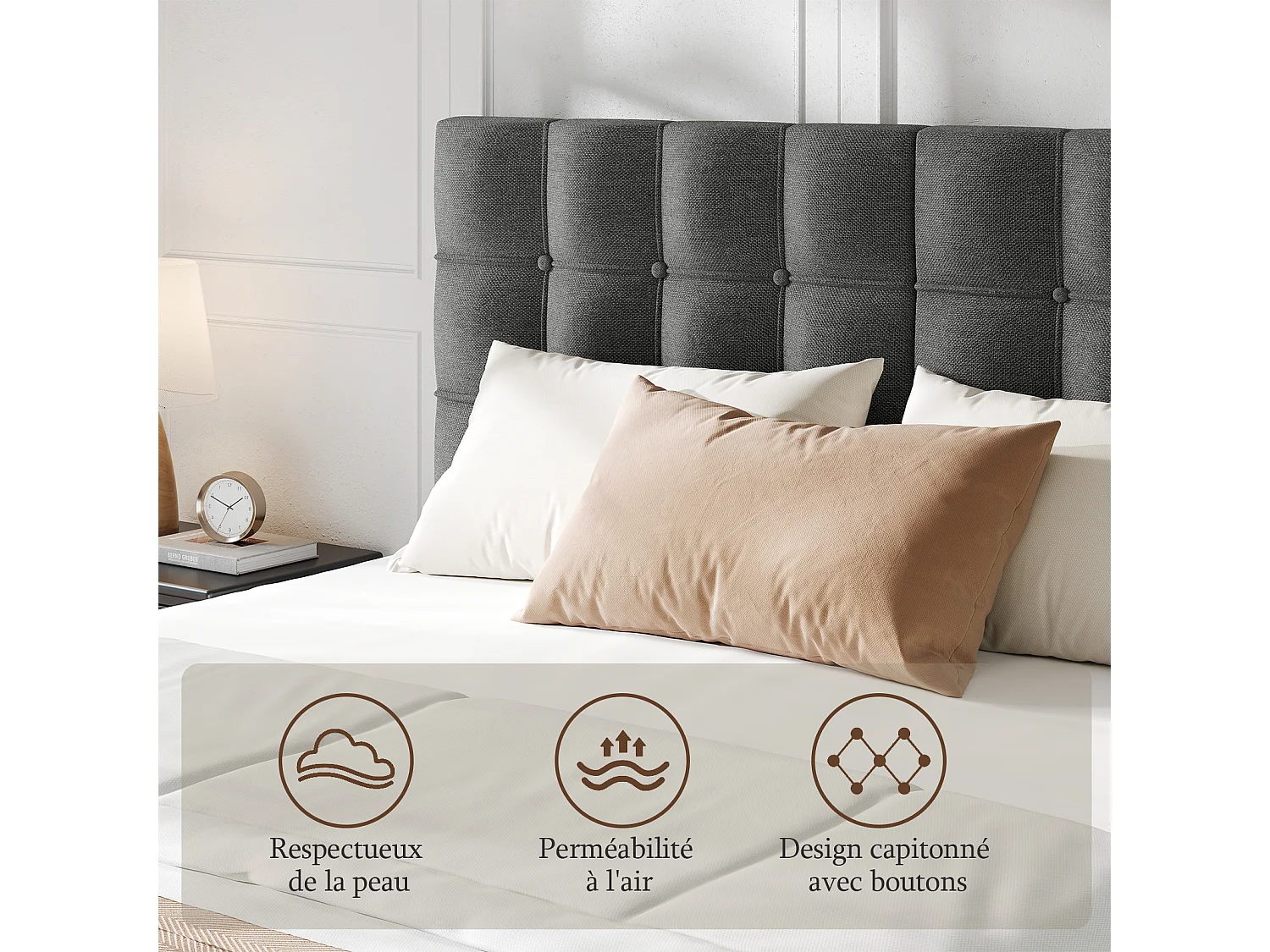 Lit Double 140x200 cm INRE- Structure de Lit avec Sommier à Lattes - Lit Capitonné avec Tête de Lit - Lit Adulte pour 2 Personne - gris foncé