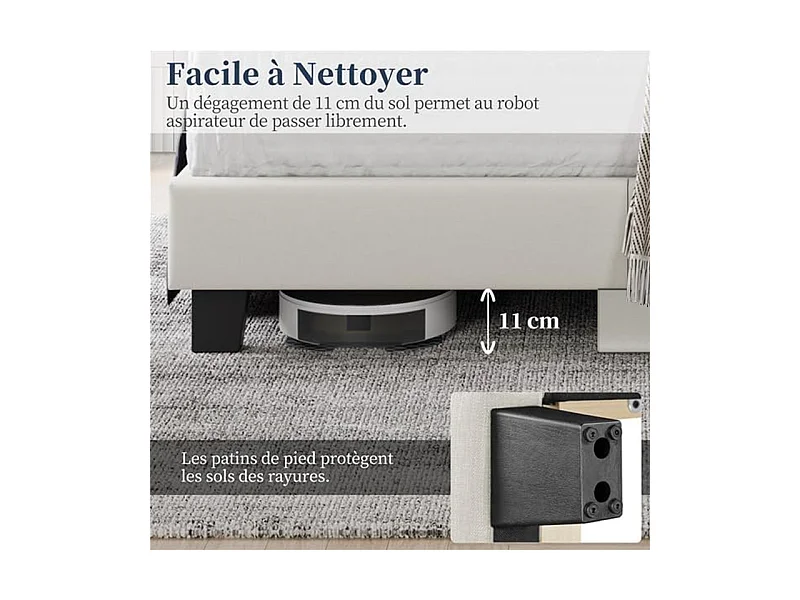 Lit adulte 140x200 cm inre - lit capitonné avec tête de lit en tissu - sommier à lattes - lit double pour 2 personnes - beige