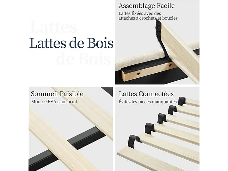 Lit adulte 140x200 cm inre - lit capitonné avec tête de lit en tissu - sommier à lattes - lit double pour 2 personnes - beige