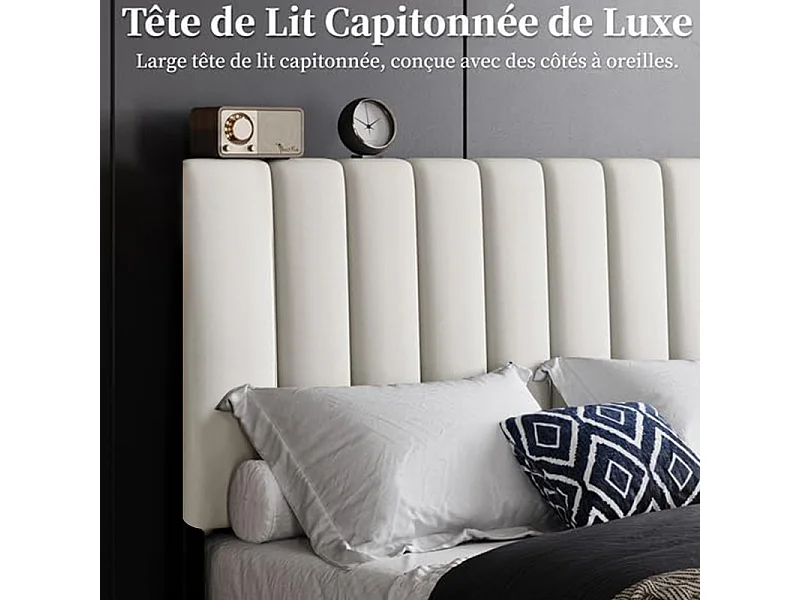 Lit adulte 140x200 cm inre - lit capitonné avec tête de lit en tissu - sommier à lattes - lit double pour 2 personnes - beige