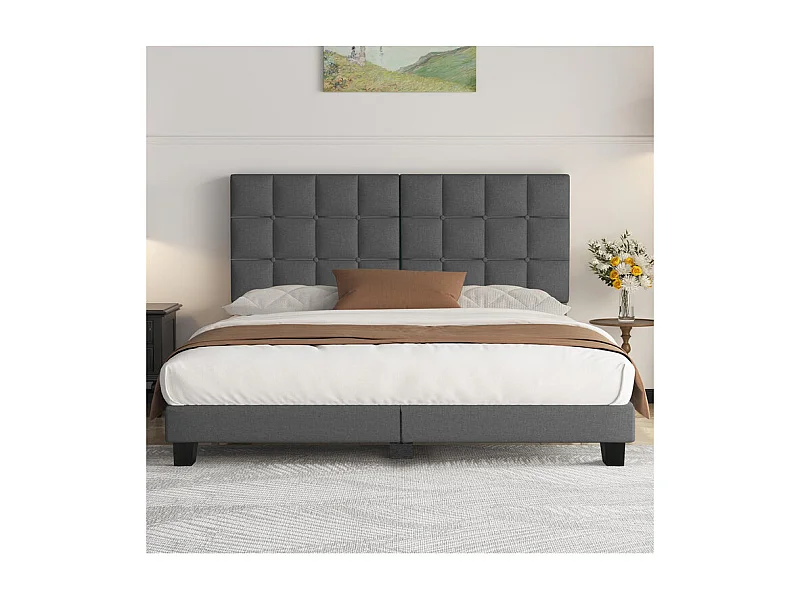 Lit Double 140x190 cm INRE- Structure de Lit avec Sommier à Lattes - Lit Capitonné avec Tête de Lit - Lit Adulte pour 2 Personne - gris foncé