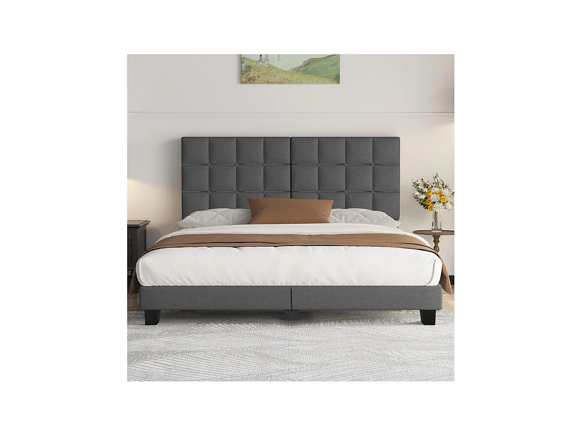 Lit Double 160x200 cm INRE- Structure de Lit avec Sommier à Lattes - Lit Capitonné avec Tête de Lit - Lit Adulte pour 2 Personne - gris foncé