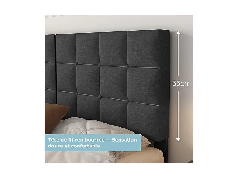 Lit Double 160x200 cm INRE- Structure de Lit avec Sommier à Lattes - Lit Capitonné avec Tête de Lit - Lit Adulte pour 2 Personne - gris foncé