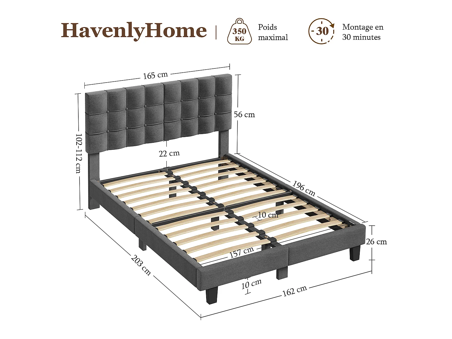 Lit Double 160x200 cm INRE- Structure de Lit avec Sommier à Lattes - Lit Capitonné avec Tête de Lit - Lit Adulte pour 2 Personne - gris foncé