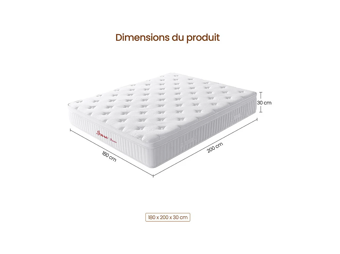 Matelas 180x200 cm INRE, Très Épais de 30 cm, Mousse Mémoire de Forme, Face Hiver Été, Respirant, 7 Zones Ergonomiques, Réversible, Soutien Parfait,Hypoallergénique