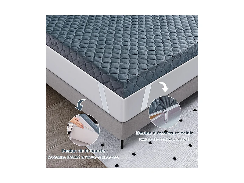Surmatelas 140x190 cm INRE, Epaisseur de 6 cm, Mousse à haute résilience, Confort Respirant, Design Antidérapant, Foncé