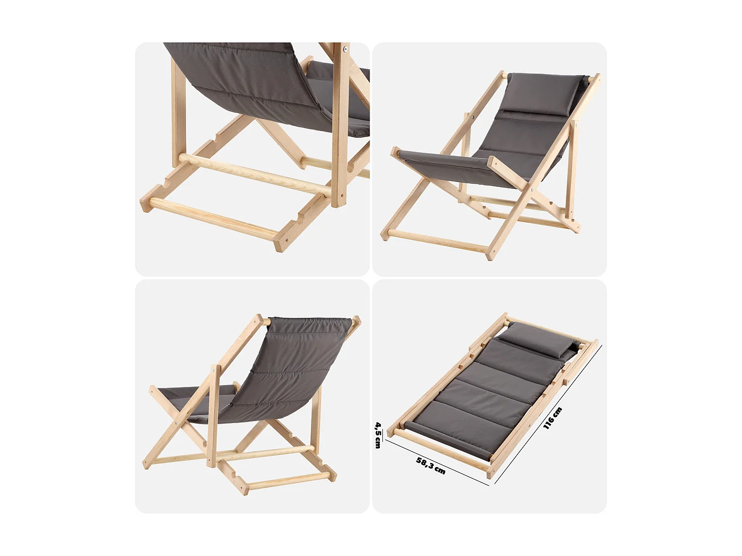 KADAX Bain de soleil, chaise longue de plage en bois, transat jusqu'à 120 kg, bain de soleil en bois de hêtre, chaises pliantes en bois, chaise de plage, chaise de