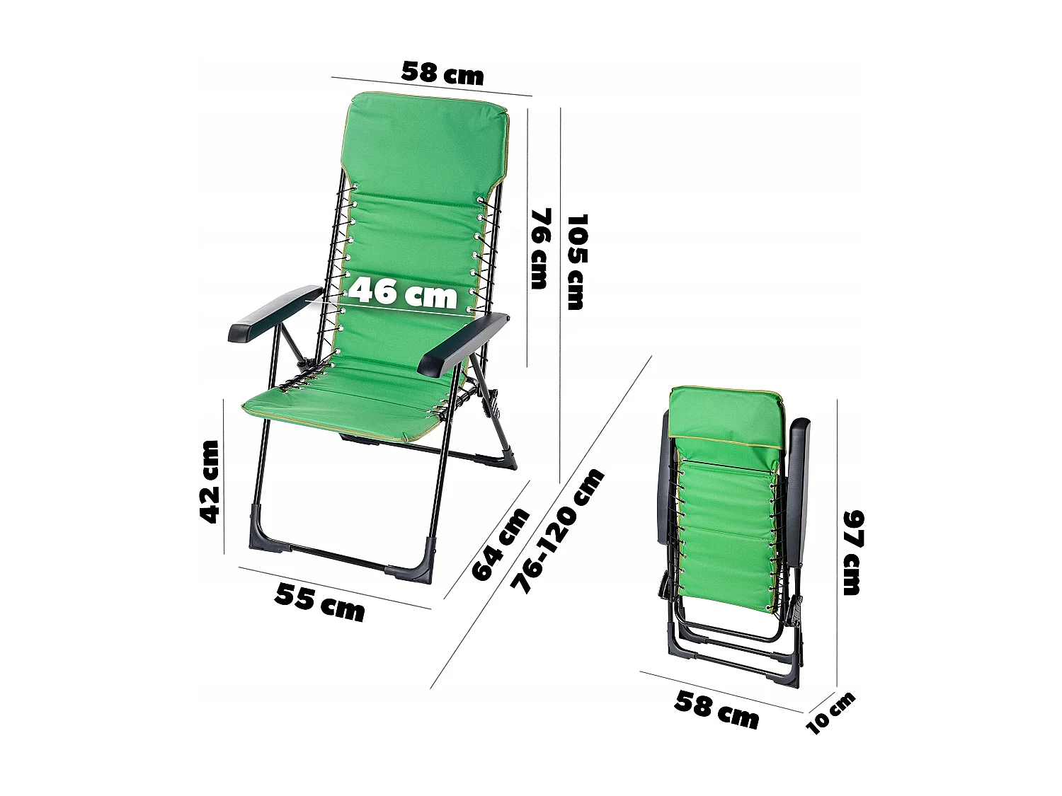 Chaise de jardin KADAX, dossier haut en acier, chaise pliante avec accoudoirs, chaise pliante avec capacité de charge jusqu'à 110 kg, chaise de balcon pour
