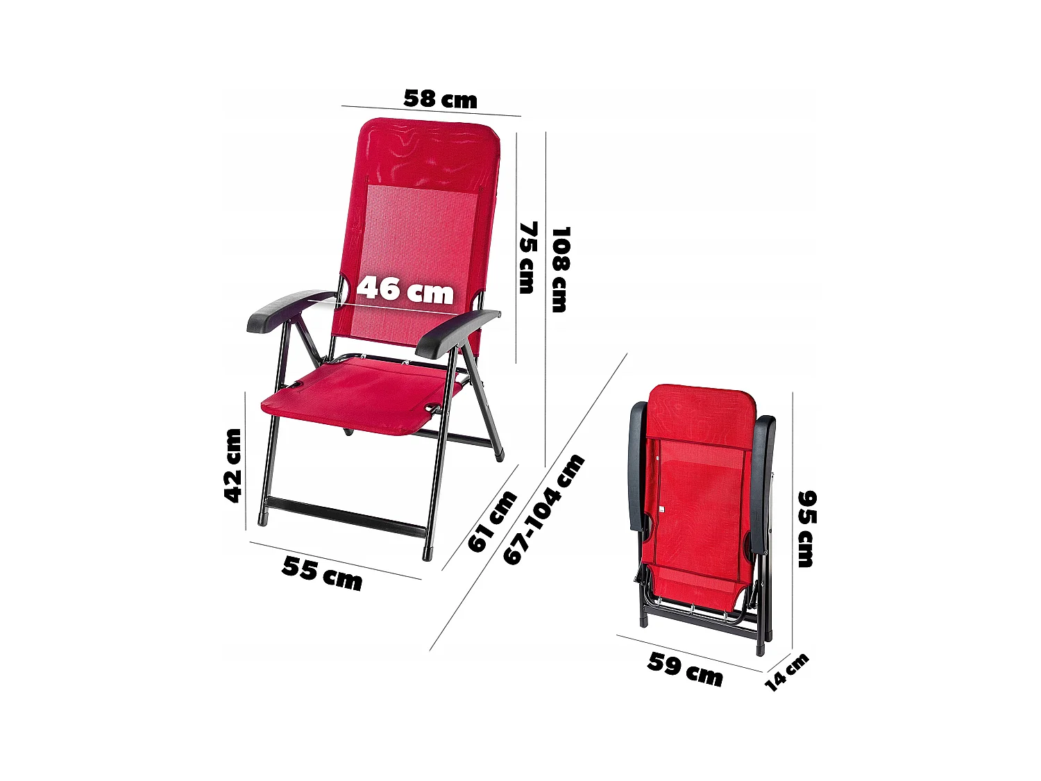 Chaise de jardin KADAX, dossier haut en acier, chaise pliante avec accoudoirs, chaise pliante avec capacité de charge jusqu'à 110 kg, chaise longue avec dossier