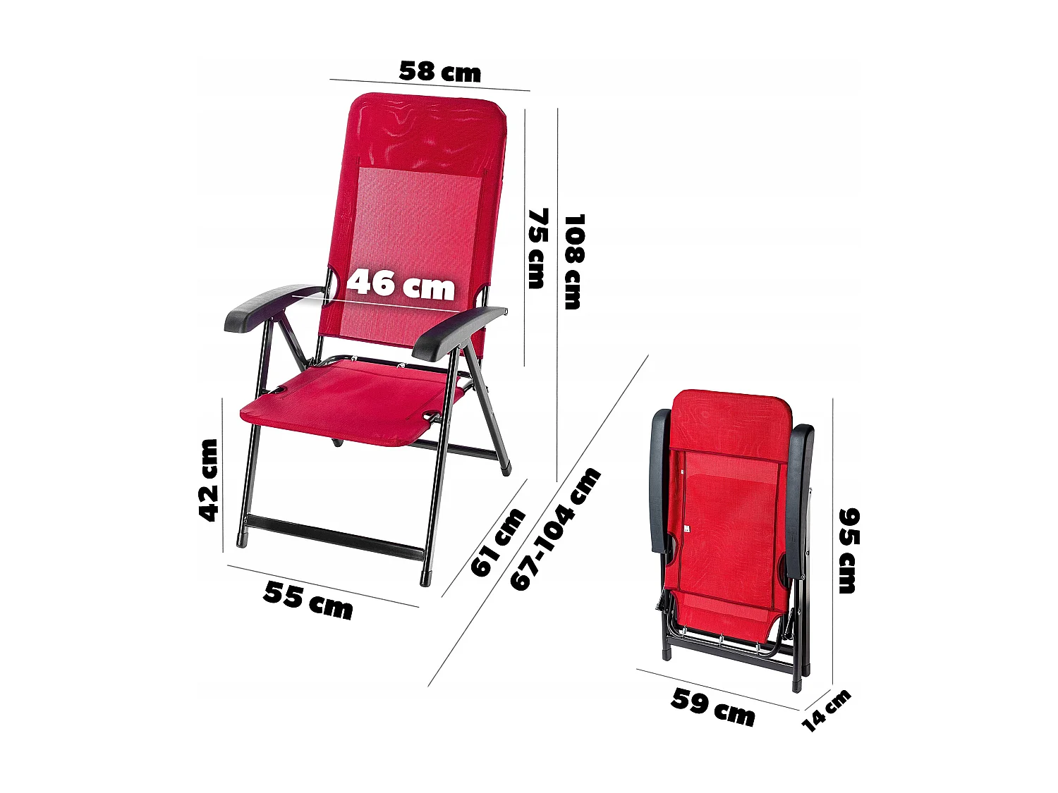 Chaise de jardin KADAX, dossier haut en acier, chaise pliante avec accoudoirs, chaise pliante avec capacité de charge jusqu'à 110 kg, chaise longue avec dossier