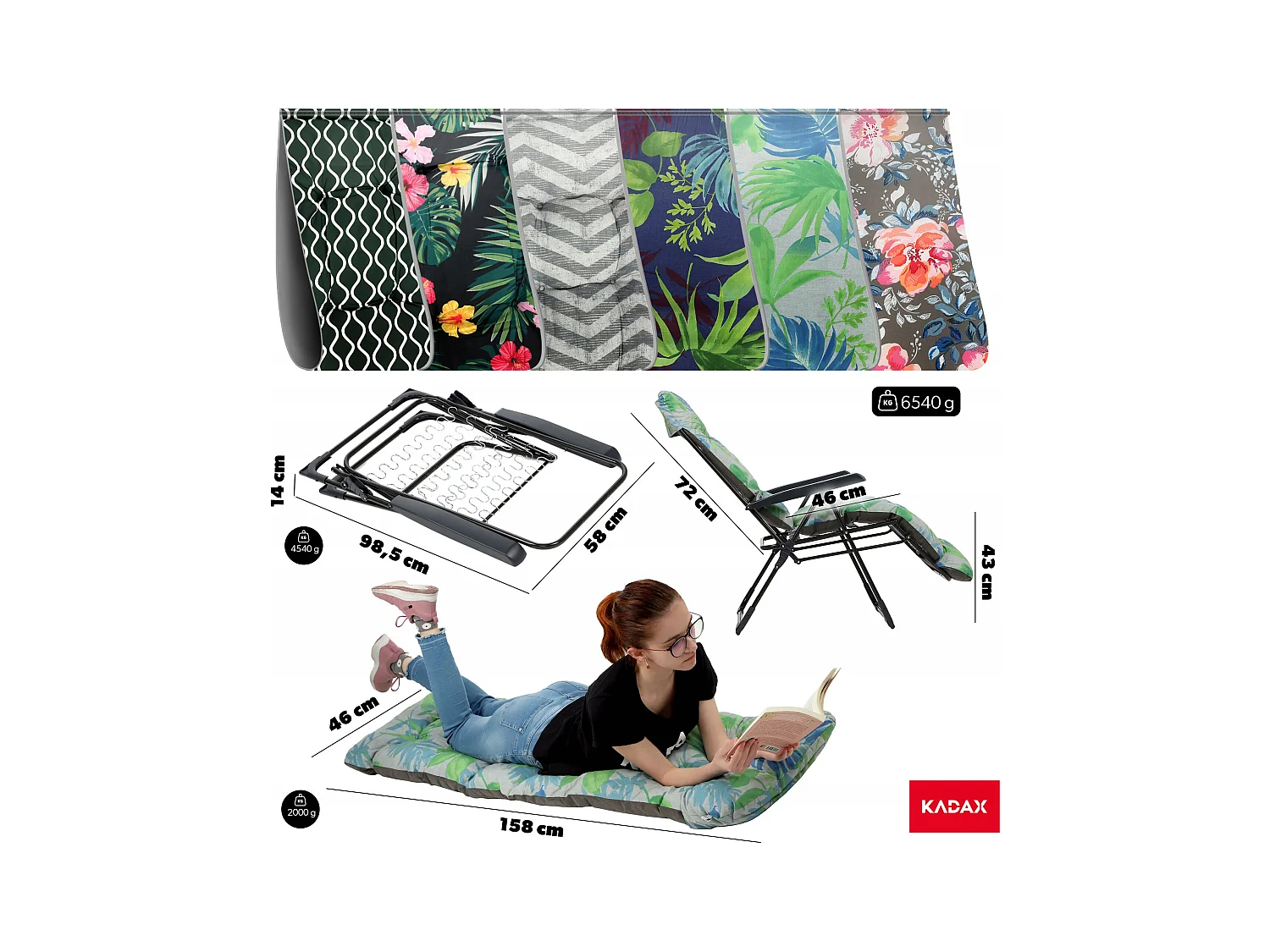 KADAX Sdraio da giardino Sedia da spiaggia Pieghevole Poggiapiedi Cuscino Chaise longue