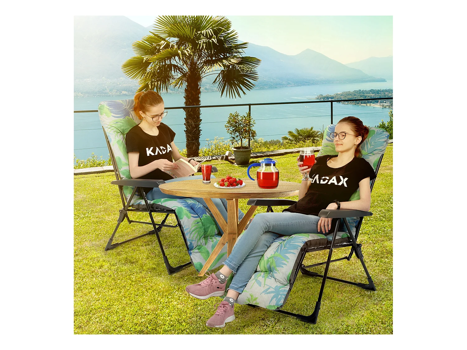 KADAX Sdraio da giardino Sedia da spiaggia Pieghevole Poggiapiedi Cuscino Chaise longue