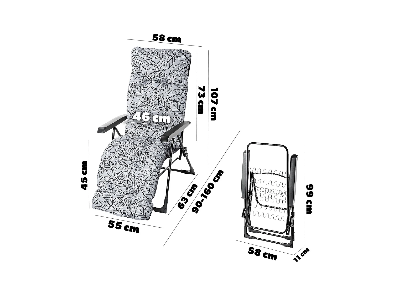 Chaise de jardin KADAX avec dossier réglable, chaise relax en acier thermolaqué, chaise pliante avec capacité de charge jusqu'à 110 kg, chaise longue avec coussin