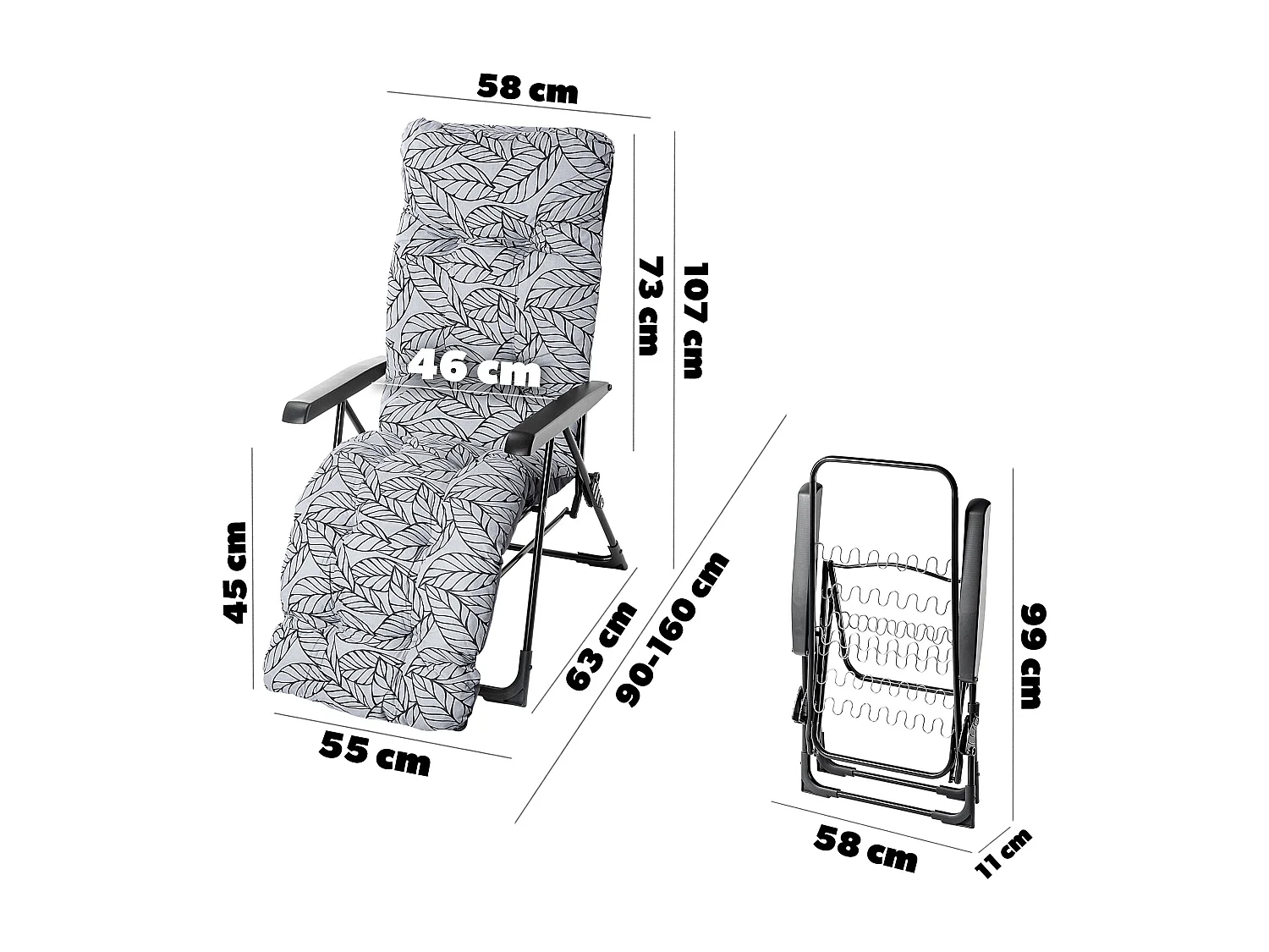 Chaise de jardin KADAX avec dossier réglable, chaise relax en acier thermolaqué, chaise pliante avec capacité de charge jusqu'à 110 kg, chaise longue avec coussin
