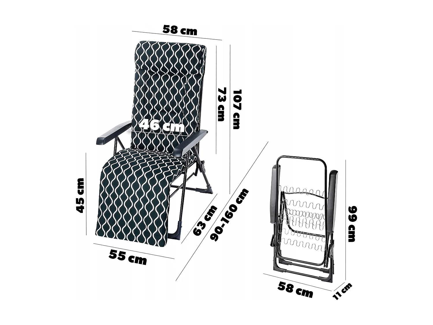 Chaise de jardin KADAX, chaise longue en acier avec coussin, bain de soleil pliable avec capacité de charge jusqu'à 110 kg, chaise longue avec dossier réglable,