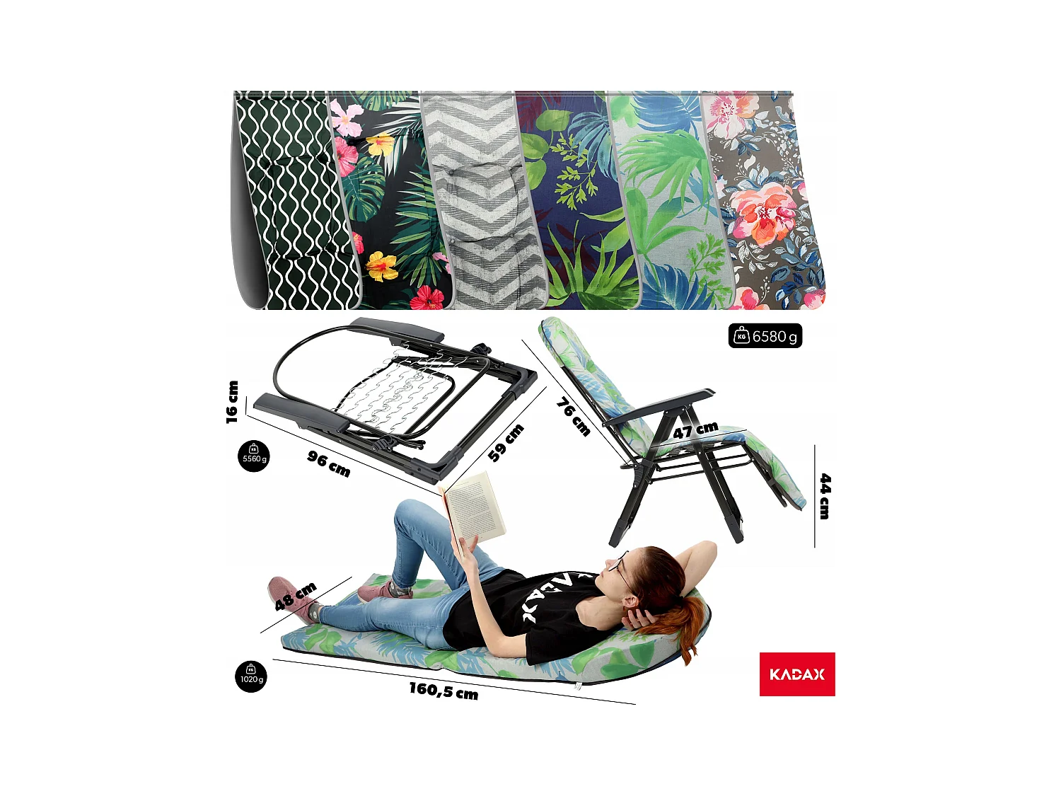 Chaise de jardin KADAX avec dossier réglable, chaise relax en acier thermolaqué, pliable, chaise pliante avec capacité de charge jusqu'à 110 kg, chaise longue avec