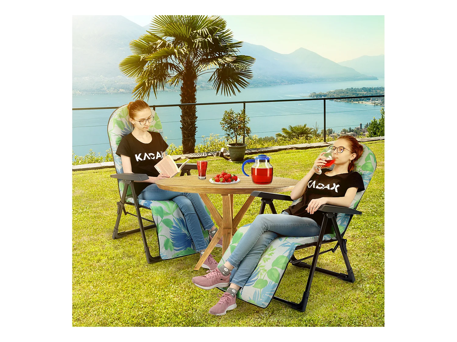 Chaise de jardin KADAX avec dossier réglable, chaise relax en acier thermolaqué, pliable, chaise pliante avec capacité de charge jusqu'à 110 kg, chaise longue avec