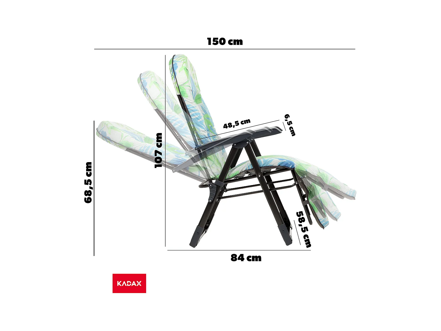 Chaise de jardin KADAX avec dossier réglable, chaise relax en acier thermolaqué, pliable, chaise pliante avec capacité de charge jusqu'à 110 kg, chaise longue avec