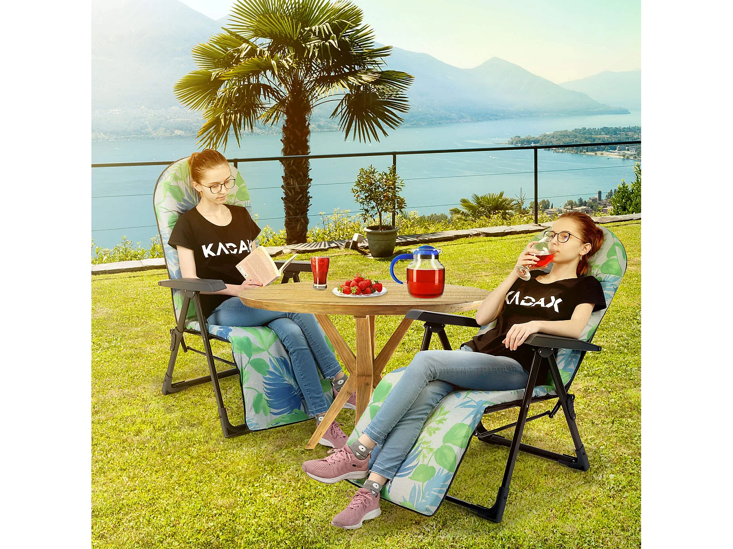 Chaise de jardin KADAX avec dossier réglable, chaise relax en acier thermolaqué, pliable, chaise pliante avec capacité de charge jusqu'à 110 kg, chaise longue avec