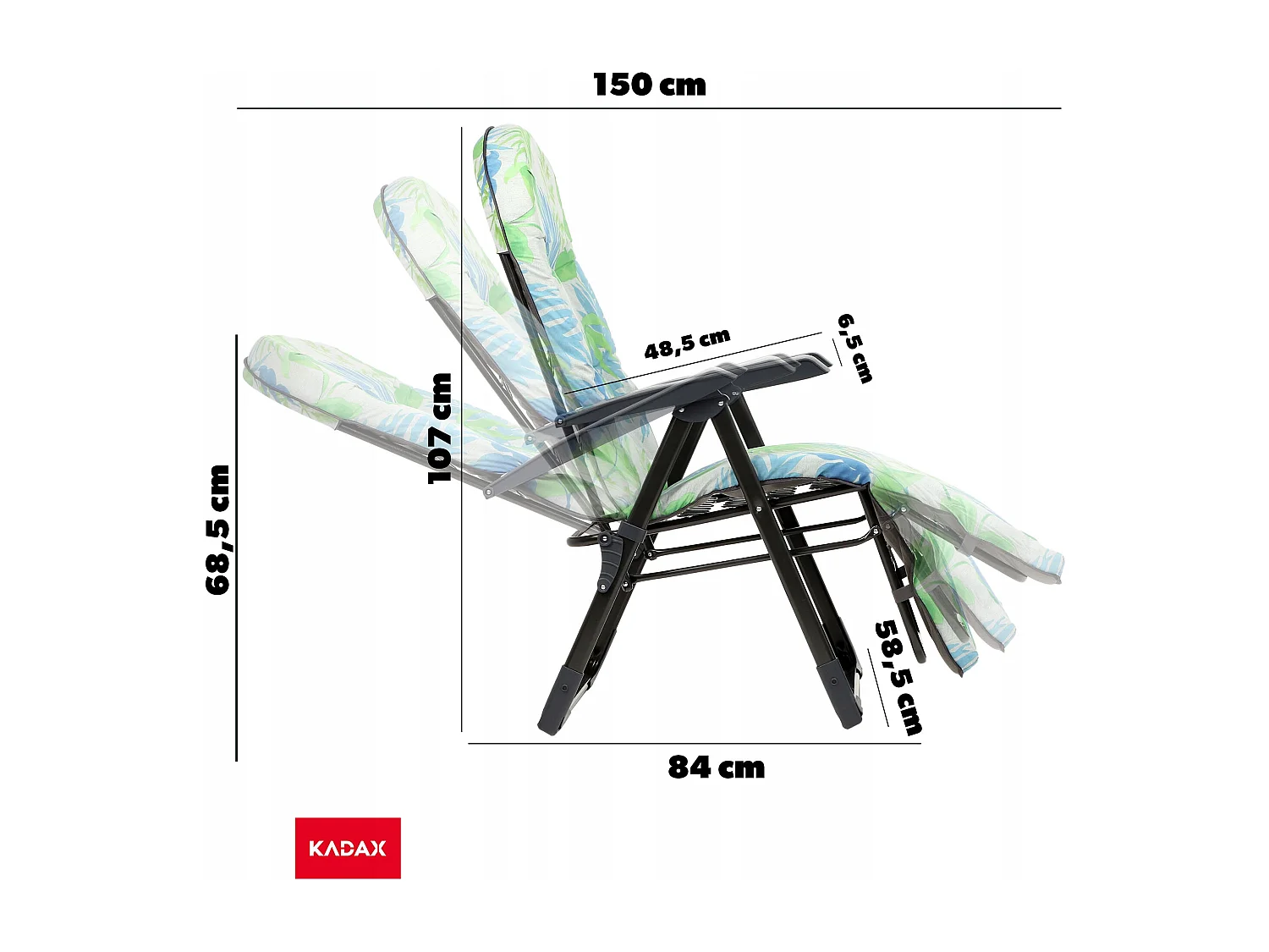 Chaise de jardin KADAX avec dossier réglable, chaise relax en acier thermolaqué, pliable, chaise pliante avec capacité de charge jusqu'à 110 kg, chaise longue avec