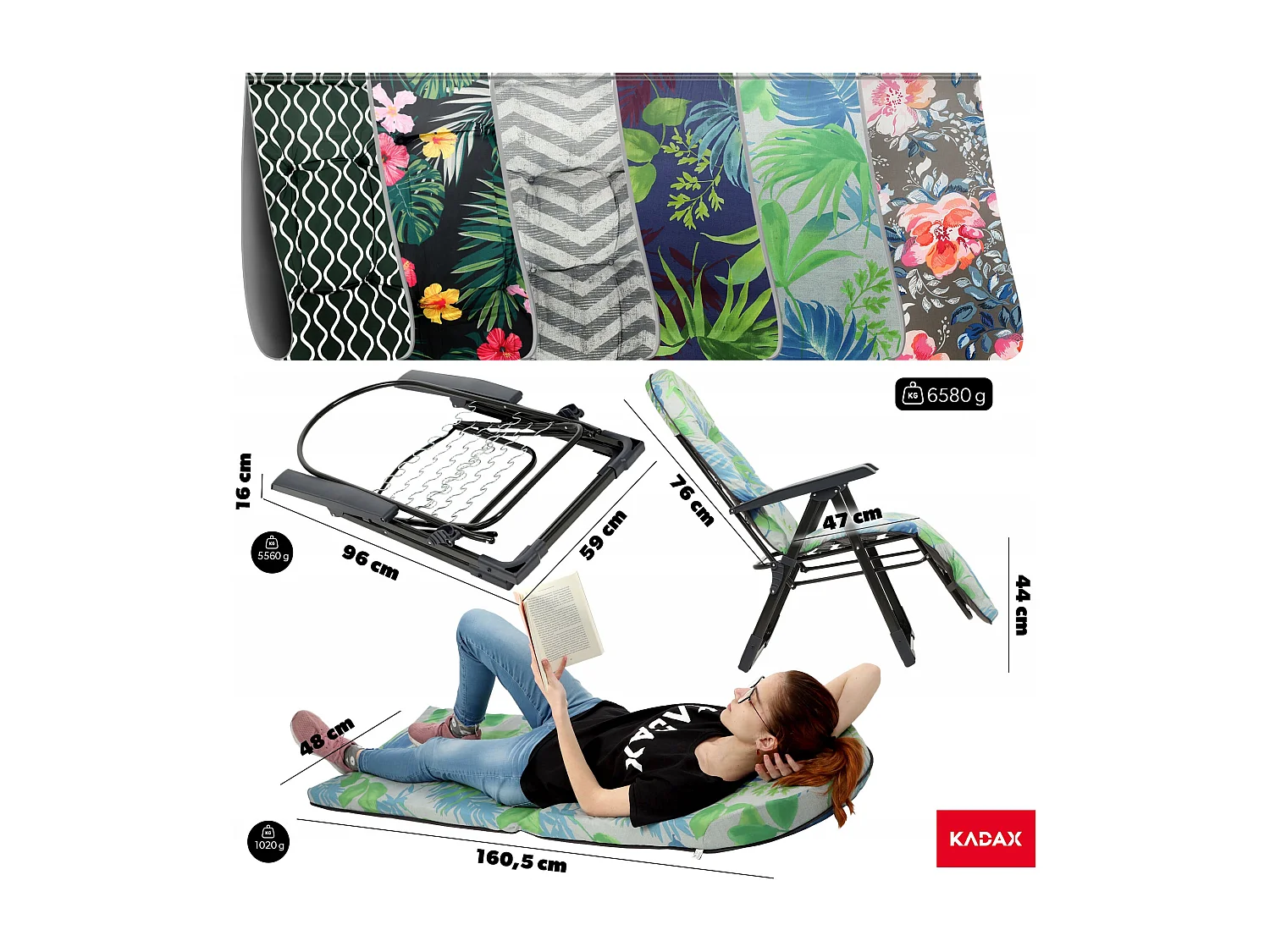 Chaise de jardin KADAX avec dossier réglable, chaise relax en acier thermolaqué, pliable, chaise pliante avec capacité de charge jusqu'à 110 kg, chaise longue avec