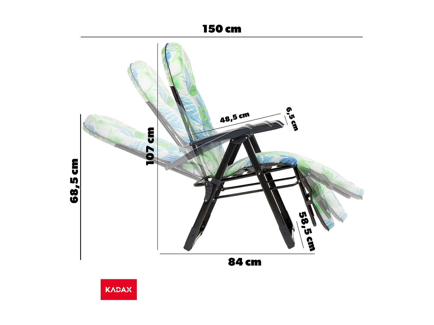 Chaise de jardin KADAX avec dossier réglable, chaise relax en acier thermolaqué, pliable, chaise pliante avec capacité de charge jusqu'à 110 kg, chaise longue avec