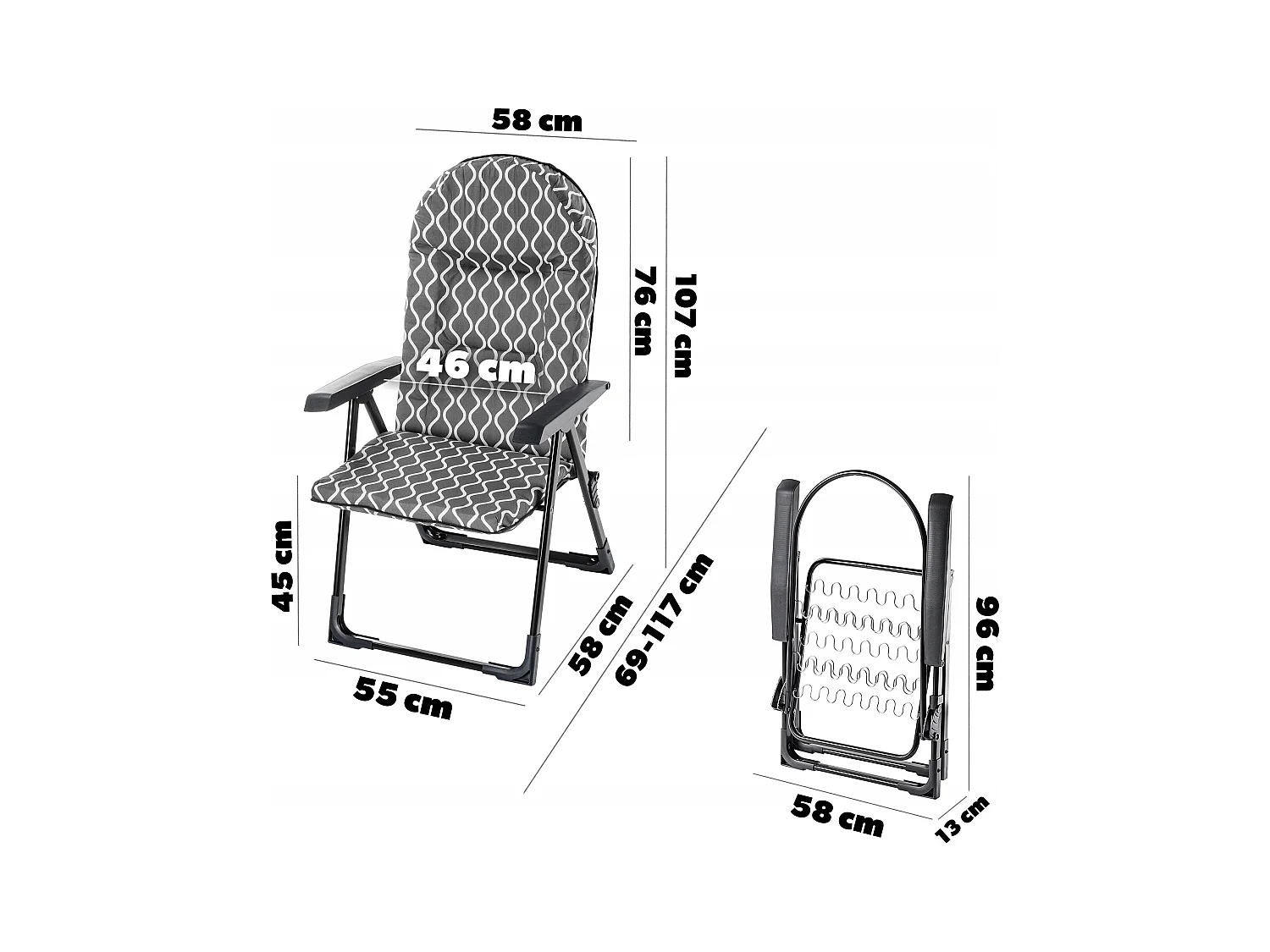KADAX Tuinstoel met verstelbare rugleuning, relaxstoel van gepoedercoate stalen constructie, klapstoel met draagvermogen tot 110 kg, ligstoel met kussen (grijze
