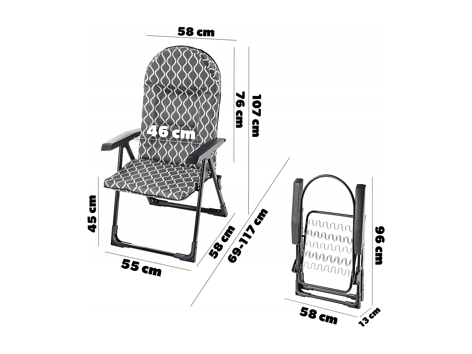 Chaise de jardin KADAX avec dossier réglable, chaise relax en acier thermolaqué, chaise pliante avec capacité de charge jusqu'à 110 kg, chaise longue avec coussin
