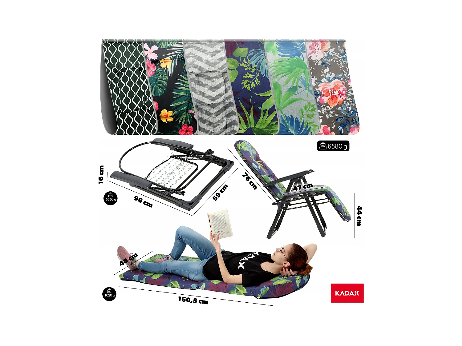 KADAX espreguiçadeira dobrável cadeira de jardim praia espreguiçadeira almofada apoio para os pés confortável