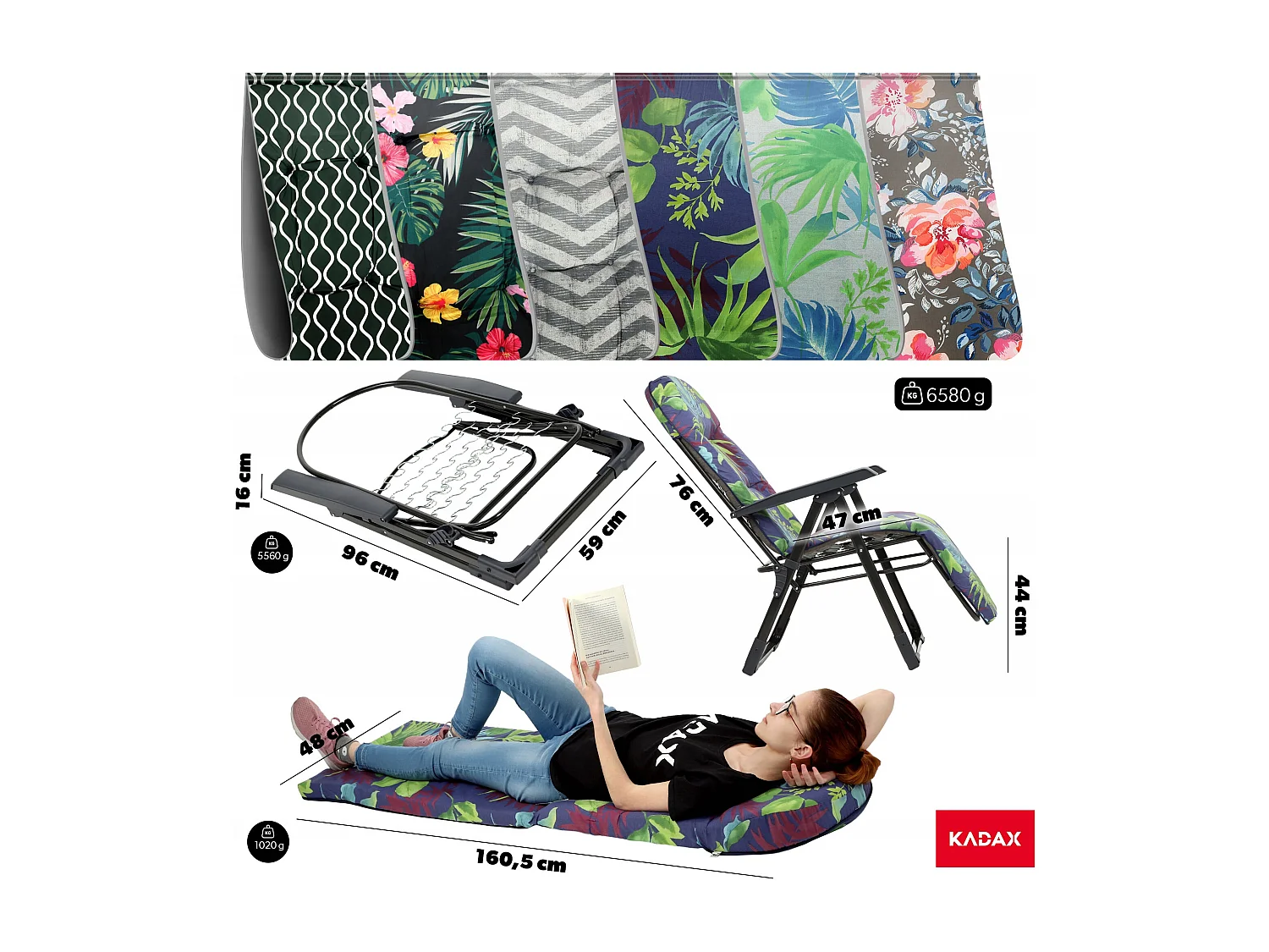 KADAX espreguiçadeira dobrável cadeira de jardim praia espreguiçadeira almofada apoio para os pés confortável