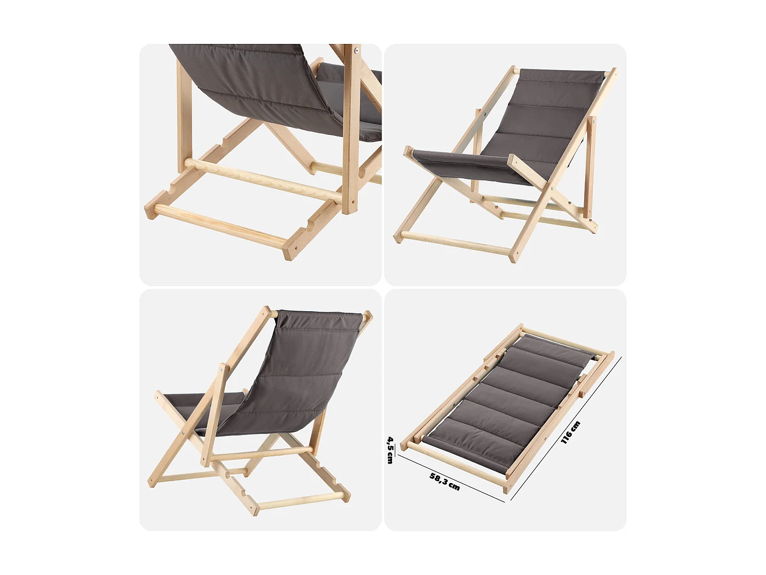 KADAX Bain de soleil, chaise longue de plage en bois, transat jusqu'à 120 kg, bain de soleil en bois de hêtre, chaises pliantes en bois, chaise de plage, chaise de