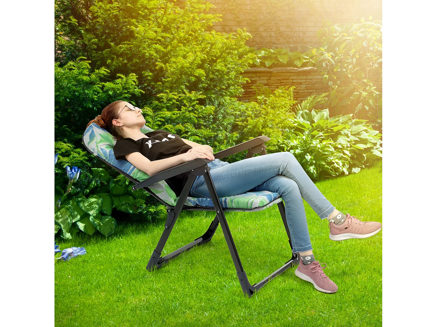 KADAX Chaise de jardin avec dossier réglable, chaise relax en acier thermolaqué, pliable, chaise pliante avec capacité de charge jusqu'à 110 kg, chaise longue avec