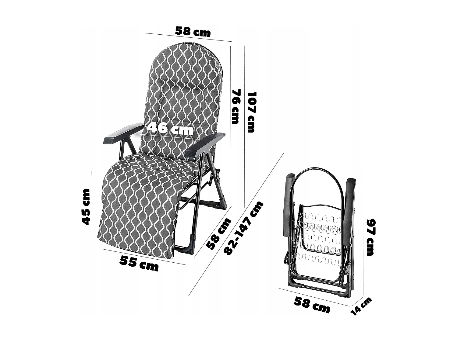 Chaise de jardin KADAX avec dossier réglable, chaise relax en acier thermolaqué, chaise pliante avec capacité de charge jusqu'à 110 kg, chaise longue avec coussin